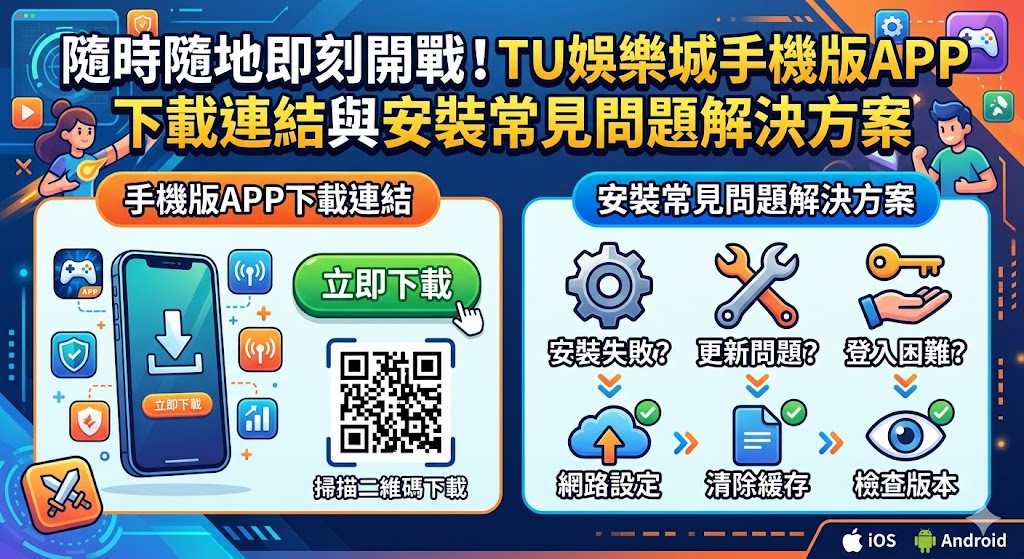 TU 娛樂城為了讓玩家享受隨時隨地即刻開戰的快感，特別推出優化後的手機版 APP，全面支援 iOS 與 Android 雙系統，確保流暢的投注體驗。玩家僅需透過官方網站掃描 QR Code 或點擊專屬下載連結，即可快速完成安裝，享受比網頁版更穩定的加密傳輸與直覺式操作介面。針對安裝過程中常見的問題，如 iPhone 用戶遇到的「不受信任的企業級開發者」提示，僅需進入設定選單完成描述檔授權即可正常開啟；而 Android 用戶則需勾選「允許安裝未知來源應用程式」。本指南同步收錄了網路連線異常、閃退排查以及版本更新失敗的解決方案，並強調透過官方渠道下載以確保個人資安與金流安全，專業技術團隊 24 小時在線待命，隨時協助解決任何操作障礙，讓您的博弈娛樂不再受設備限制，實現真正的一指即玩與無縫對接。