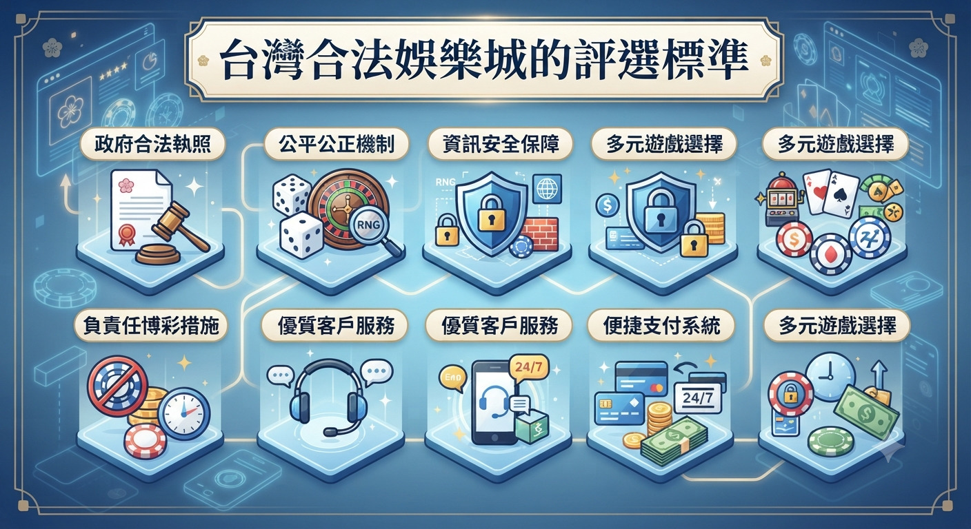 這張圖表列出了台灣合法娛樂城的評選標準，包含政府執照、公平機制、資訊安全與客戶服務等關鍵項目。 整體設計以科技藍色調呈現，透過多個圖標清晰展示了篩選優質娛樂平台的核心考量因素。