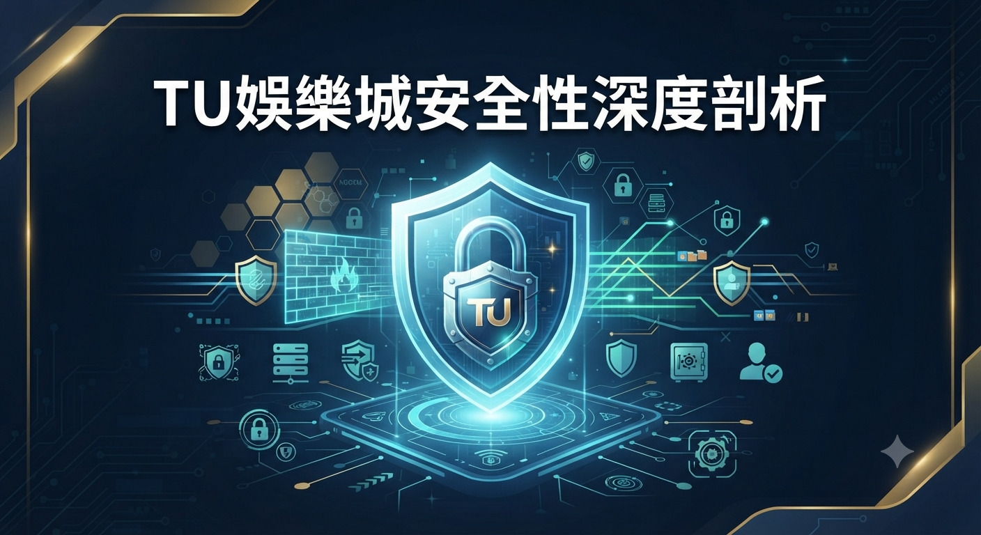 這張圖片以科技感十足的深藍色為背景,中央展示了一個象徵防護的發光盾牌與鎖頭符號,傳達出安全穩固的視覺意象。 畫面頂部清晰標示了「TU娛樂城安全性深度剖析」的標題,周圍環繞著各類數位資安圖示,完美呈現了對平台安全性進行專業分析的主題。