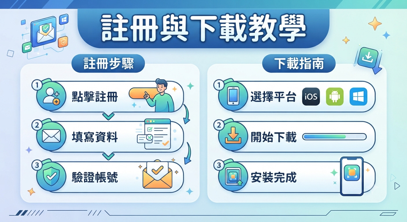 這張圖表展示了「註冊與下載教學」的步驟流程,左側為帳號註冊的三個階段,右側則為軟體下載與安裝的指引。 整體設計採用清新簡約的風格,透過直觀的圖示與編號,清楚呈現從開戶到完成安裝的操作過程。