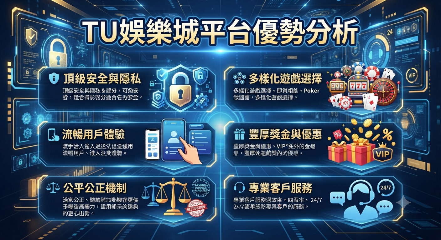 這張圖片以科技感十足的藍色為基調,展示了「TU娛樂城平台優勢分析」的標題。 畫面透過圖標與簡潔的排版,專業地呈現了該平台在安全、遊戲體驗及客戶服務等方面的核心優勢。