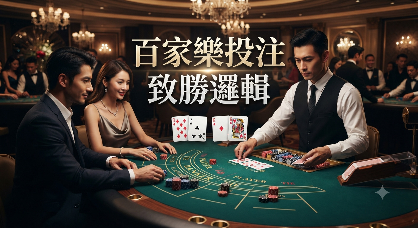 這是一張高檔賭場內百家樂牌桌的場景,展現了專業荷官與玩家互動的氛圍。 圖片中央以醒目的字體標示著「百家樂投注致勝邏輯」作為主題。