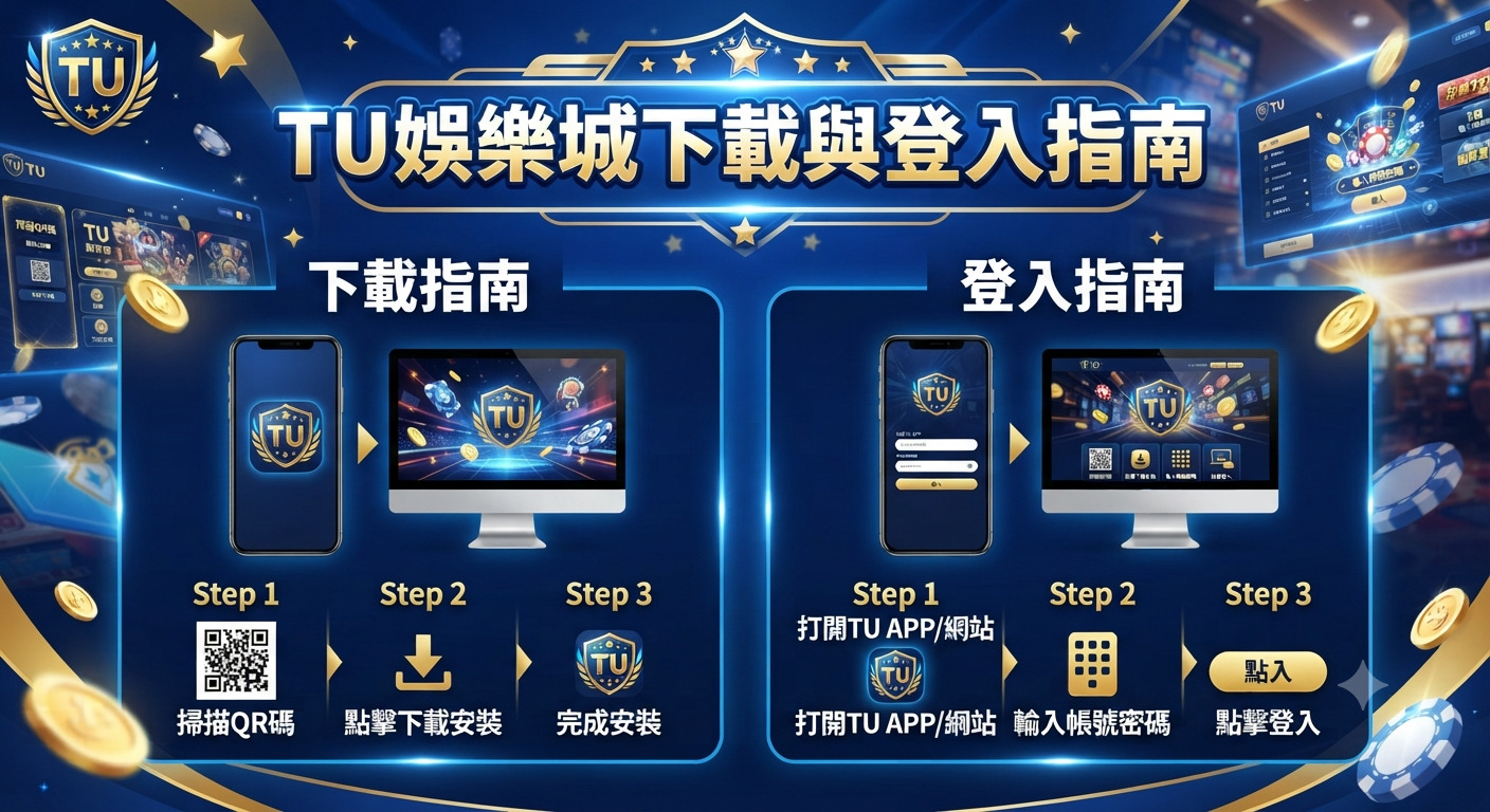 這是一張關於「TU娛樂城下載與登入指南」的教學圖片,以專業且充滿科技感的藍色為主色調。 圖中清晰列出了手機與電腦端的下載步驟,以及帳號登入的簡單流程,設計簡潔且易於閱讀。