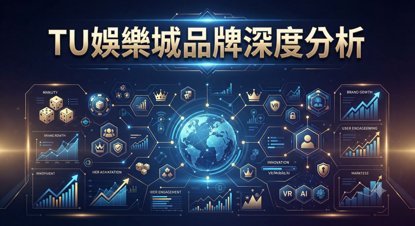 這張圖片展示了一個以「TU娛樂城品牌深度分析」為主題的科技感數據圖表,背景結合了全球化網絡、金融增長趨勢與虛擬實境元素。 畫面透過精密的圖形、數據儀表板與金色調設計,專業地呈現出品牌市場佔有率、用戶互動及技術創新等核心分析維度。