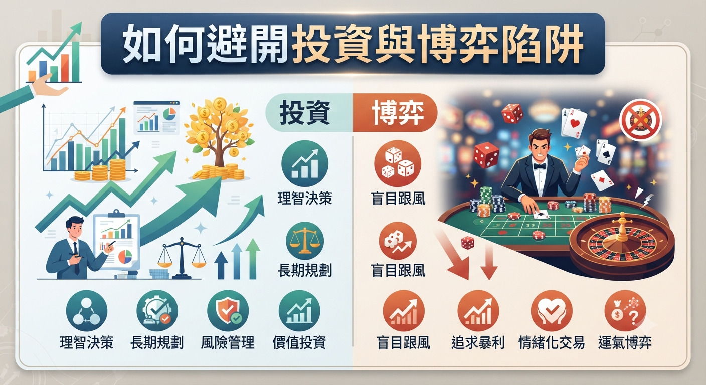 這是一張對比圖,左側展示理性投資的長期規劃與風險管理,右側則警示博弈陷阱的盲目與情緒化風險。 圖片標題為「如何避開投資與博弈陷阱」,旨在傳達正確的財務思維與避開高風險投機的觀念。