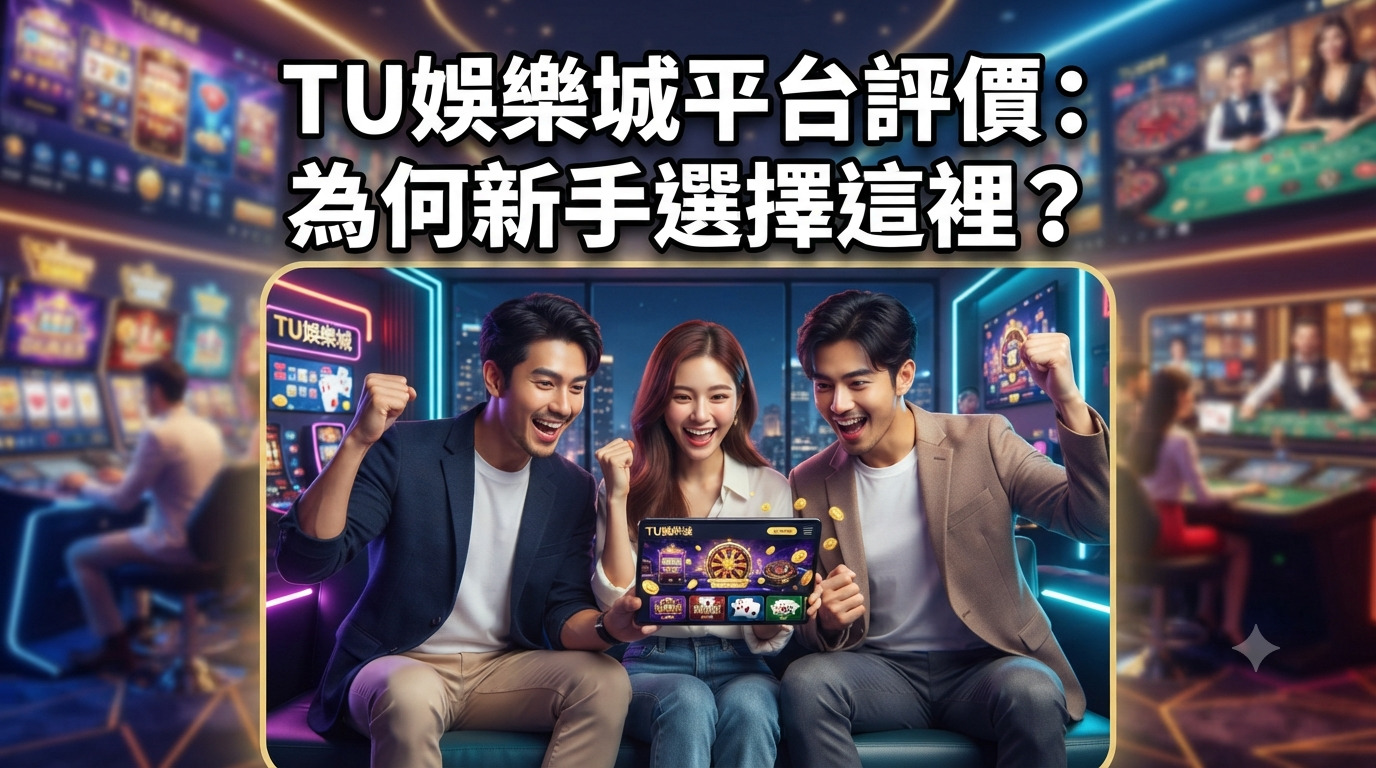 這張圖片以現代科技感為主題，展示了三位年輕人正興奮地看著平板電腦，背景則是充滿活力的線上娛樂場場景。 圖像上方清晰地標註了標題「TU娛樂城平台評價：為何新手選擇這裡？」，強調了針對新手玩家的評論資訊。