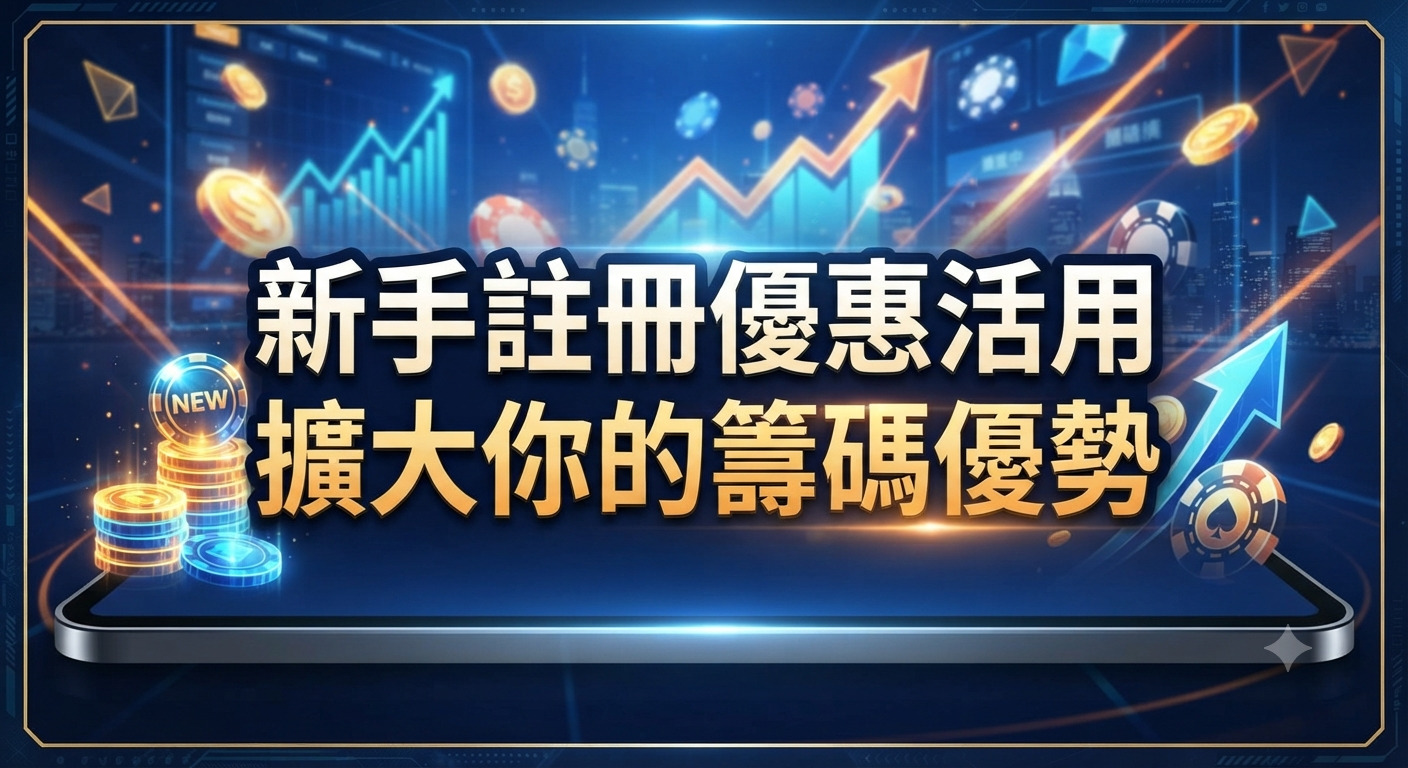 這張圖片以深藍色科技感為背景，展示了與註冊優惠和籌碼優勢相關的金融或博弈主題元素。 畫面正中央醒目地呈現了「新手註冊優惠活用：擴大你的籌碼優勢」的繁體中文標題。