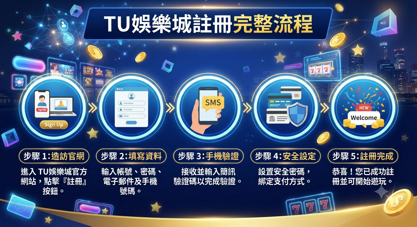 這是一張展示「TU娛樂城註冊完整流程」的資訊圖表，採用深藍色科技感風格設計。 圖中透過五個步驟的圖示與說明，清晰地引導使用者完成從造訪官網到註冊成功的註冊程序。