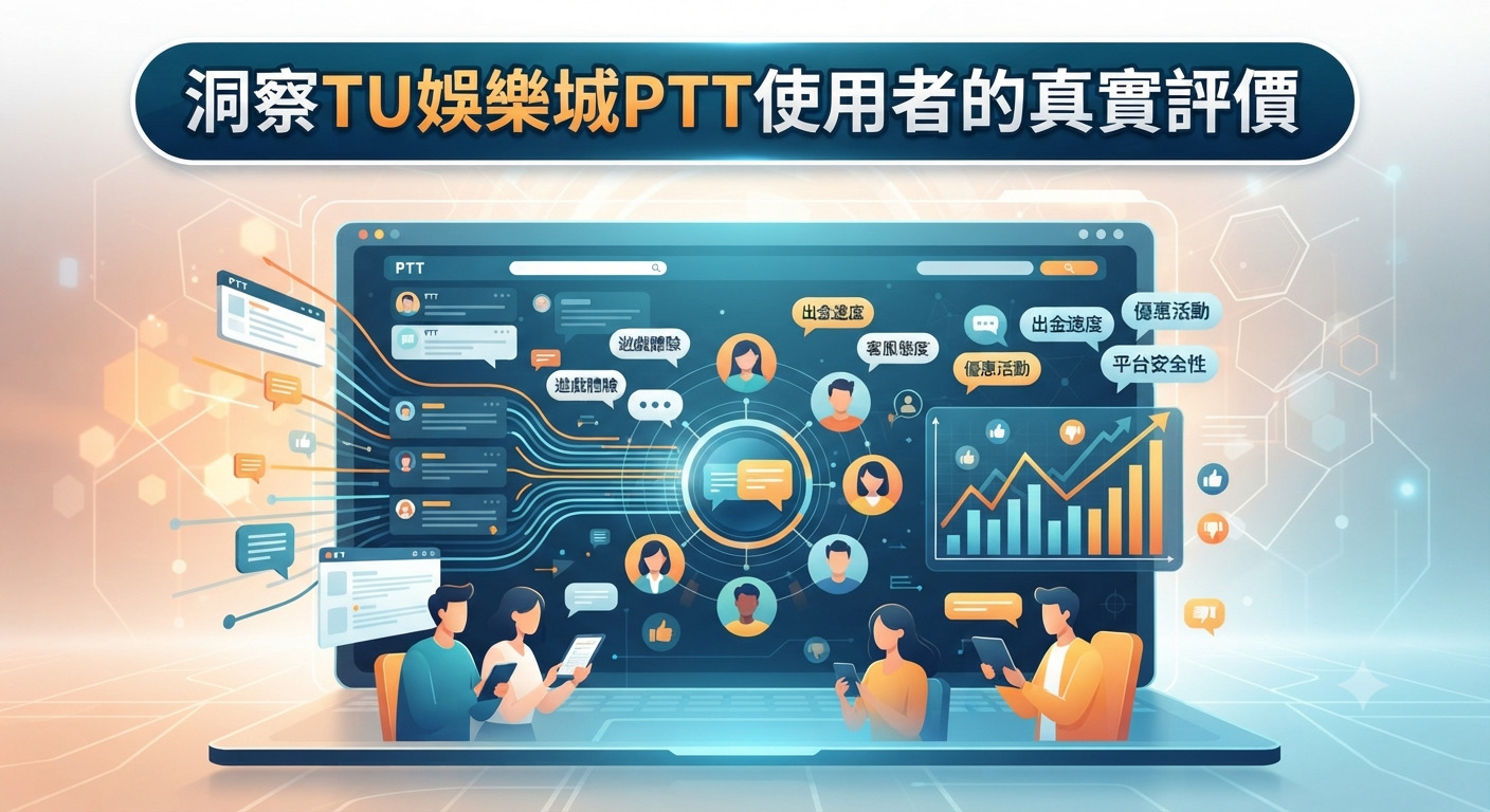 這張圖片以科技感十足的風格呈現,展示了透過網路數據分析與討論區互動來洞察使用者對TU娛樂城真實評價的過程。 畫面正上方醒目地標示著主題名稱「洞察TU娛樂城PTT使用者的真實評價」,周圍則輔以數據圖表與社群交流的視覺元素。