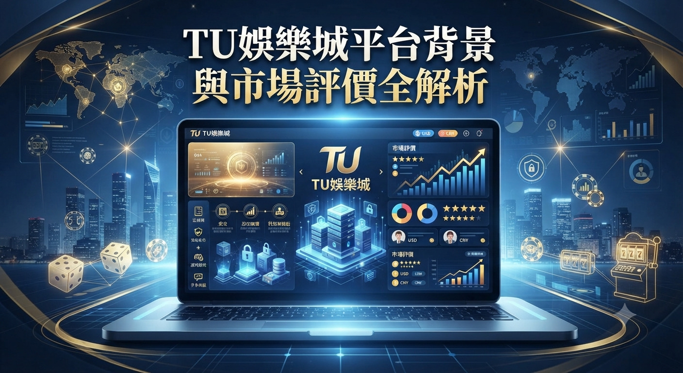 這張圖片展示了一台筆記型電腦，螢幕上顯示著TU娛樂城平台的介面與市場數據分析圖表。 圖片背景融合了現代城市夜景與數位科技元素，上方則醒目地標示著主題標題。