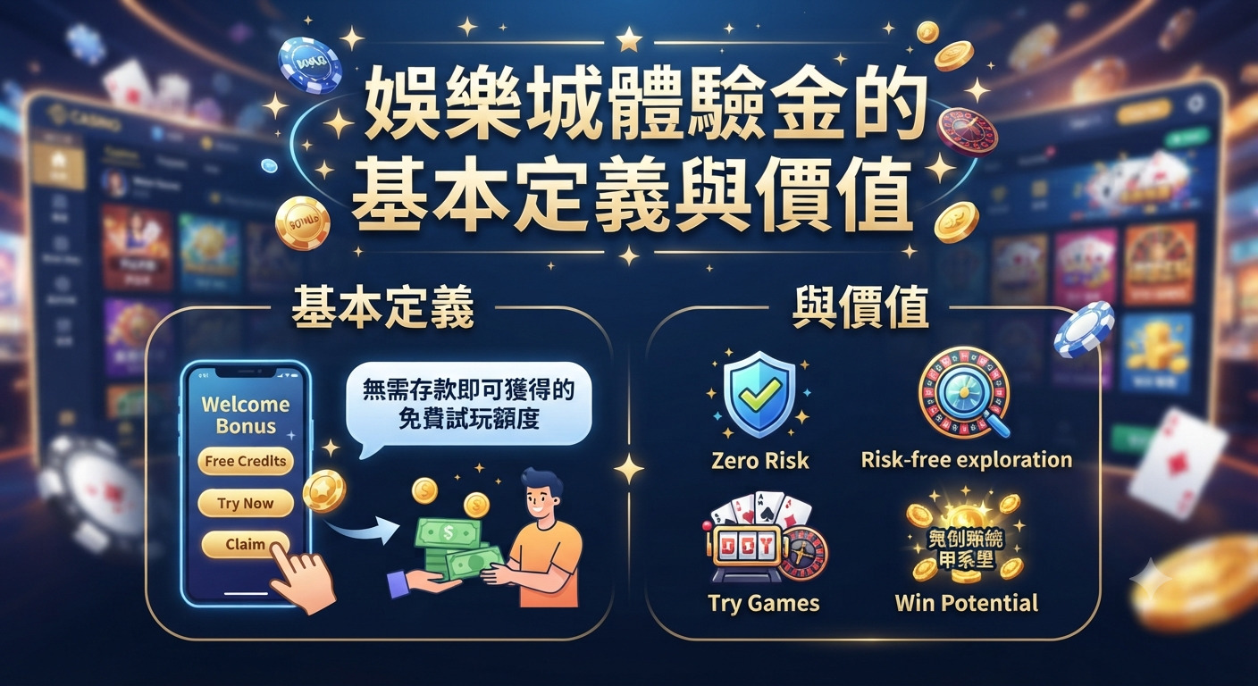 這張圖片展示了關於「娛樂城體驗金的基本定義與價值」的主题設計。 畫面以精緻的赌场風格背景呈現,並搭配清晰的標題與圖解說明。