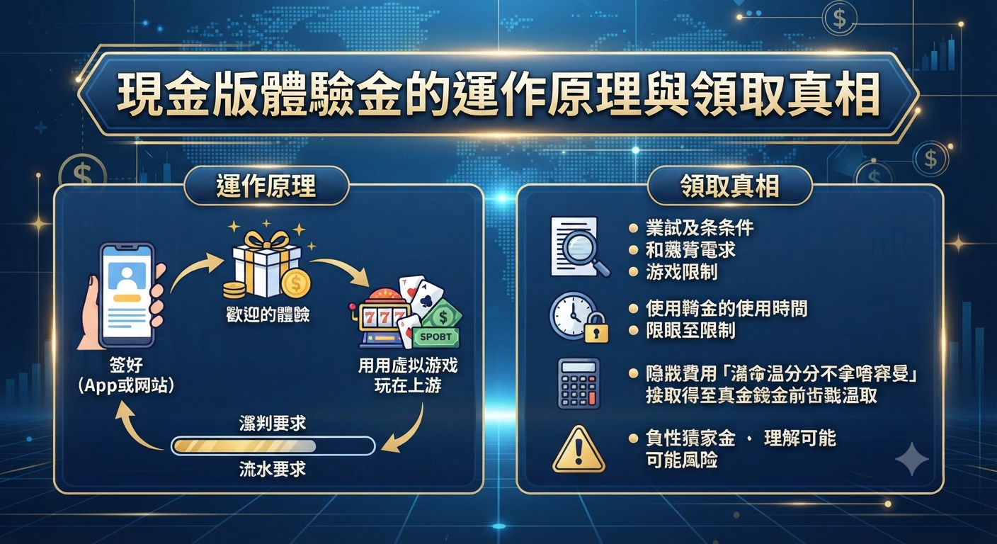 這是一張關於「現金版體驗金的運作原理與領取真相」的資訊圖表，採用深藍色科技感背景。 圖表上方為核心標題，下方則以圖文對比的方式解析了運作原理與相關領取真相。