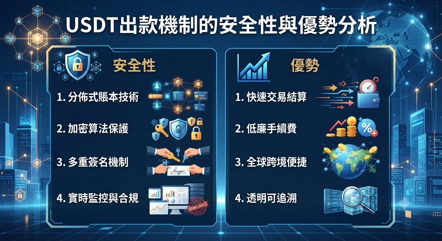 這張圖片的主題是「USDT出畫機制的安全性與優勢分析」，畫面背景為科技感十足的藍色數位城市。 圖片左右兩側分別詳細列出了安全性的四大核心要素以及優勢的四大特點。