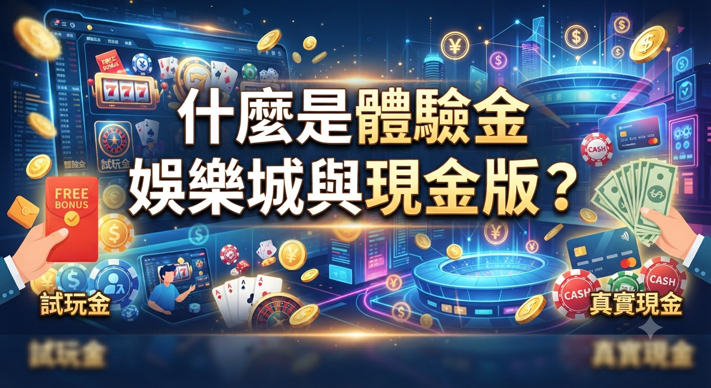 這是一張以「什麼是體驗金娛樂城與現金版?」為標題的數位主題圖像。 畫面融合了線上娛樂、籌碼、金錢與科技感的視覺元素。