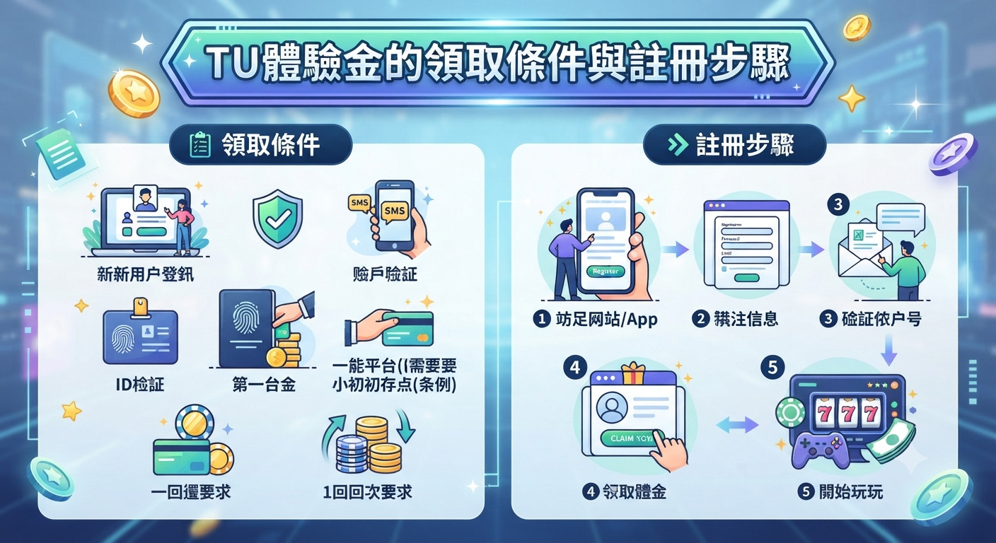 這是一張資訊圖表,主題為「TU體驗金的領取條件與註冊步驟」。 圖片分為左右兩側,分別以圖文並茂的方式列出領取條件與詳細的註冊流程。