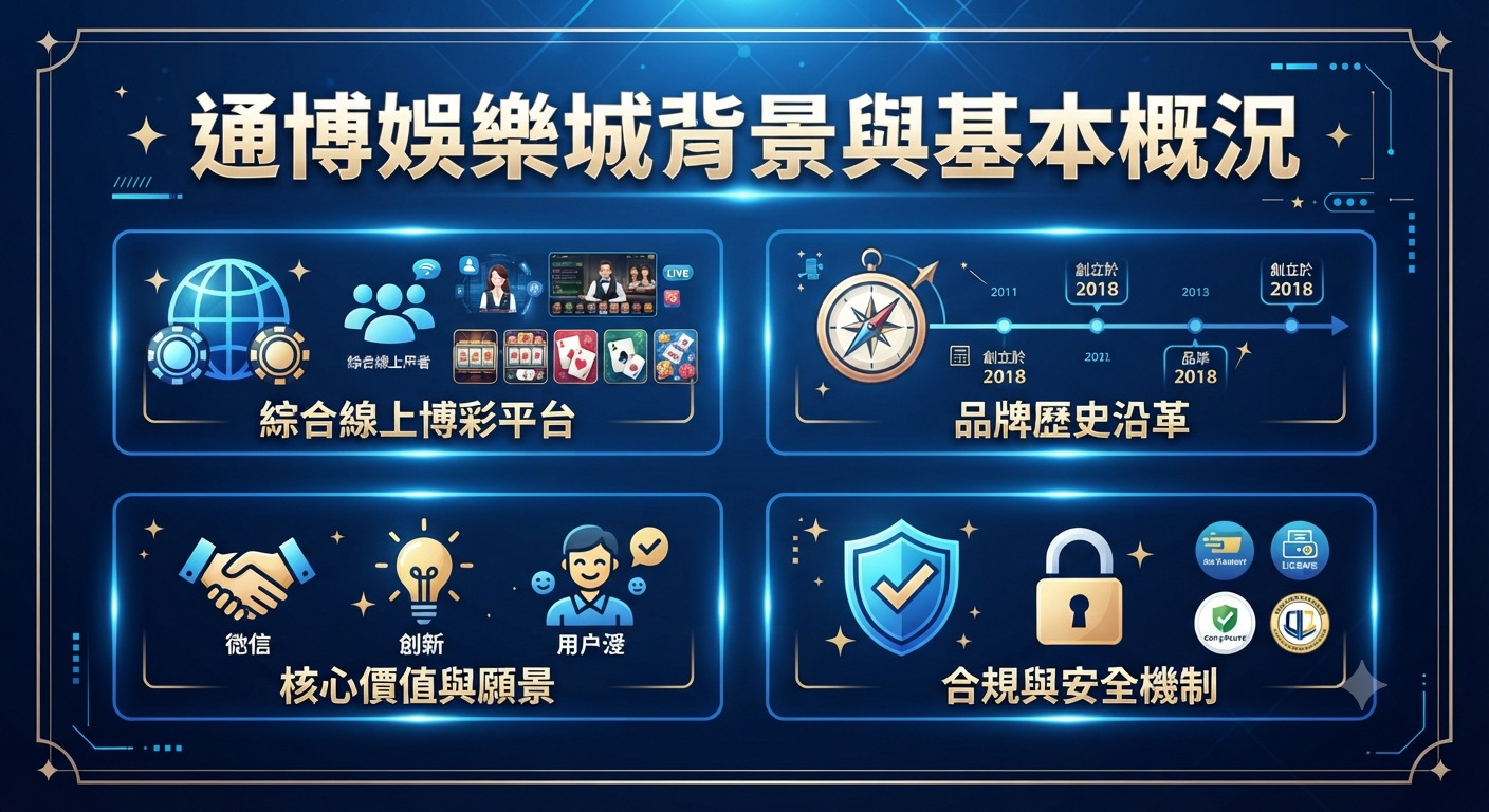 圖片上方顯眼地標示著「通博娛樂城背景與基本概況」的大標題。 整體採用藍色科技風格的設計,並透過四個區塊呈現平台的綜合概況、品牌歷史、核心價值與安全機制。