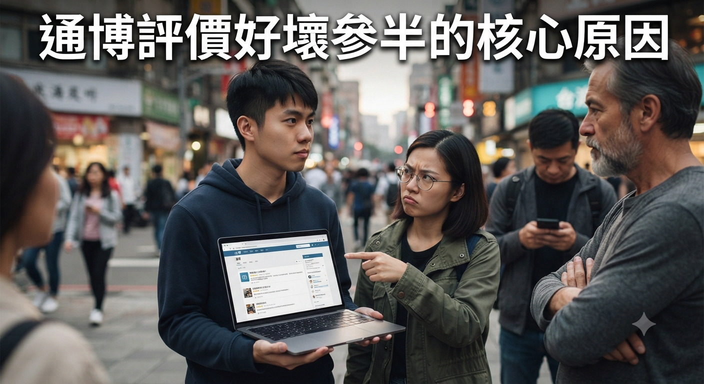 這張圖片展現了幾個人在街頭討論網路上對於某個平台評價好壞參半的爭議話題。 畫面中央的一位女性正指著筆記型電腦上的評論,與周圍的人交換著不同的意見。