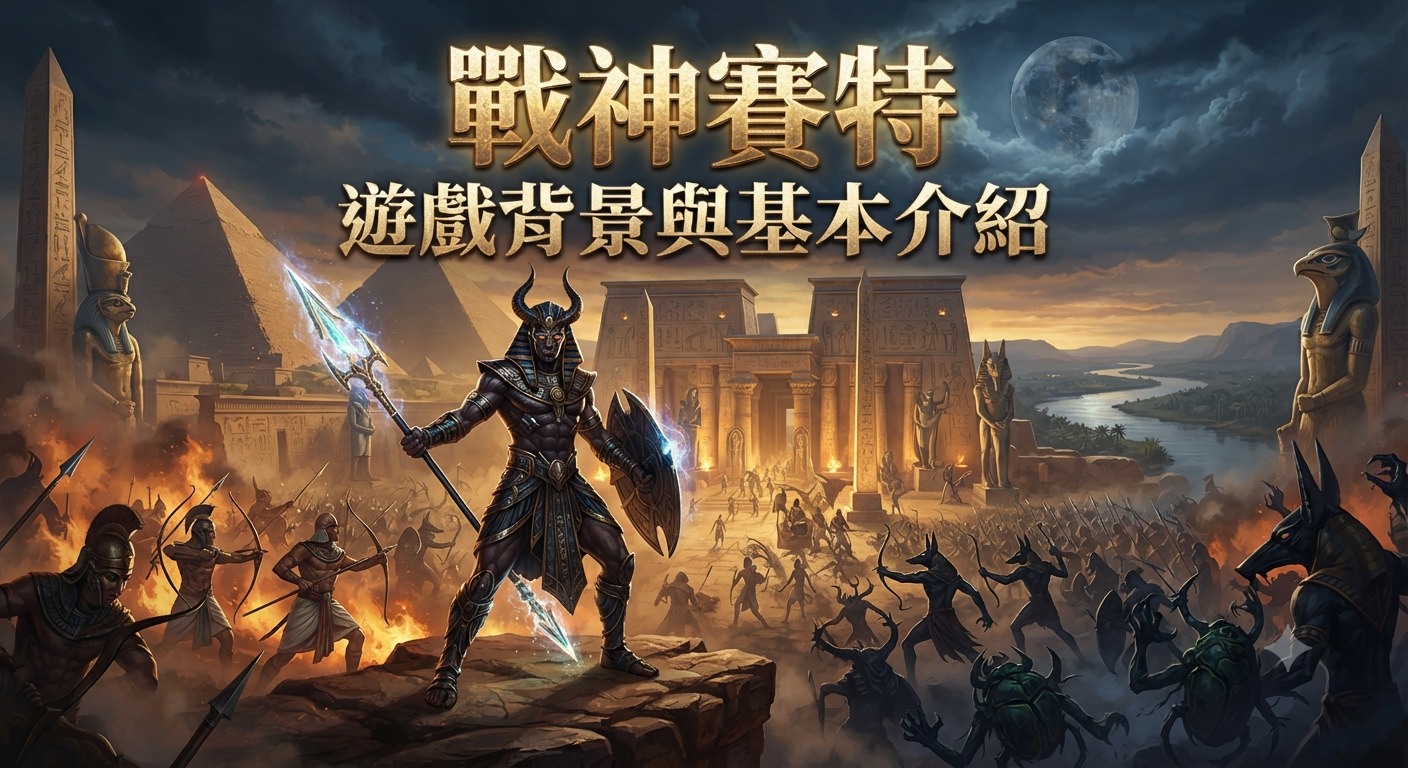 這是一張以「戰神賽特」為主題的遊戲背景插畫,畫面中央呈現了神話戰神賽特在戰場上的雄偉英姿。 背景融合了古埃及的神秘建築與磅礡的戰爭氛圍,上方則清晰展示了繁體中文的遊戲標題文字。