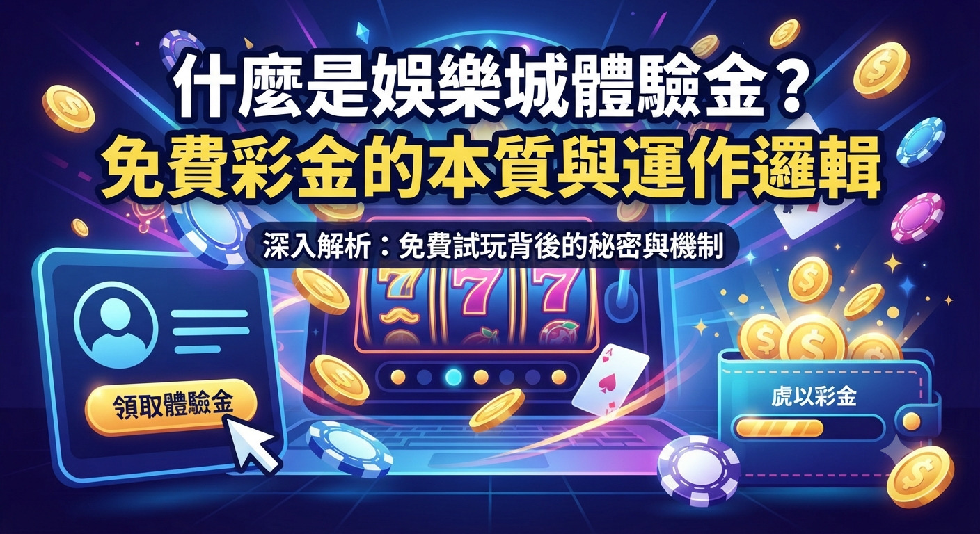 這是一張關於娛樂城體驗金的主題圖片。 畫面中展示了免費彩金的運作邏輯與相關圖示。