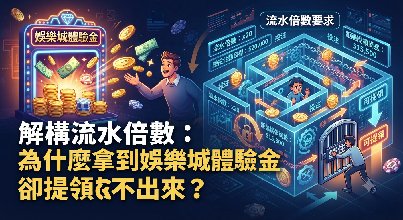 圖片展示了一位玩家在娛樂城獲得體驗金後,因受制於複雜的流水倍數條件與關卡而無法順利提領。 畫面左側突顯領取體驗金的過程,右側則以立體解構圖與迷宮象徵高難度的投注限制與提現門檻。