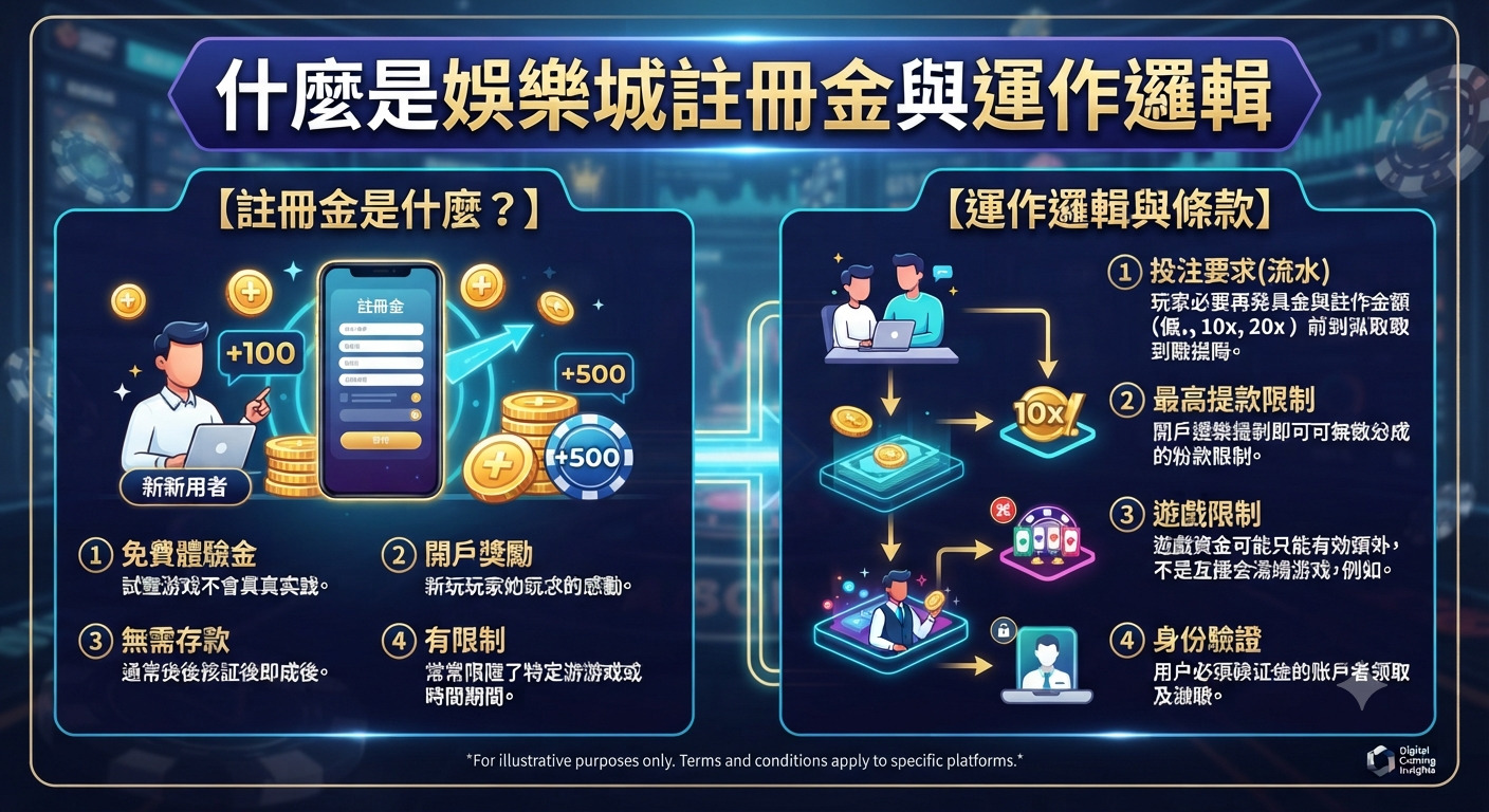 這張資訊圖表清晰解析了線上娛樂城的註冊金定義與運作邏輯。 內容涵蓋免費體驗金的特點以及流水要求與提款限制等核心條款。