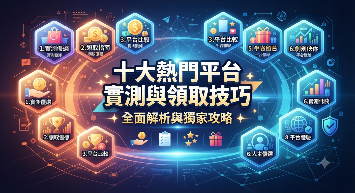 這張圖片展示了關於「十大熱門平台實測與領取技巧」的主題,背景融合了科技感十足的藍橘色調與數據網絡元素。 畫面中央醒目地呈現了標題文字,周圍環繞著多個象徵平台評測與優惠領取的圖標與六角形標誌。