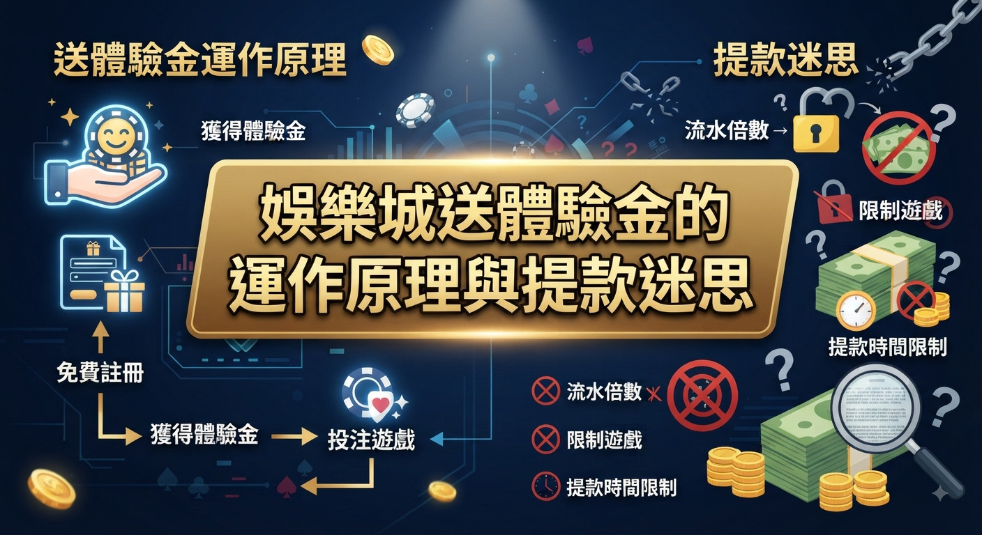 這張圖片以深色科技風格為背景,中央醒目地展示了「娛樂城送體驗金的運作原理與提款迷思」的主標題。 畫面四周結合了金幣、籌碼與流程圖解,直觀呈現出免費註冊、領取體驗金、達成流水倍數及提款限制的概念。