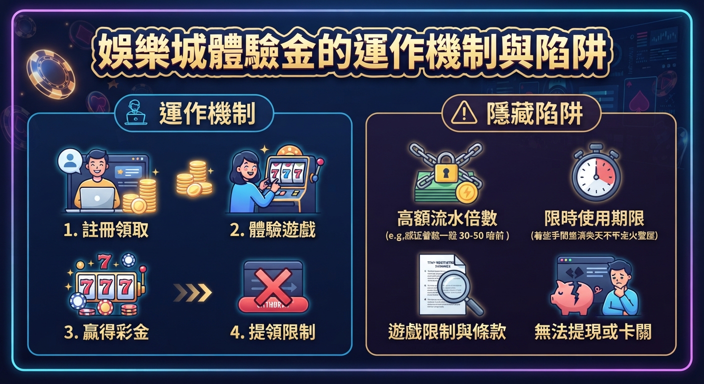 這張圖片探討了娛樂城體驗金的運作機制與潛在陷阱。 內容涵蓋註冊領取、遊戲體驗及高額流水倍數等提領限制的說明。