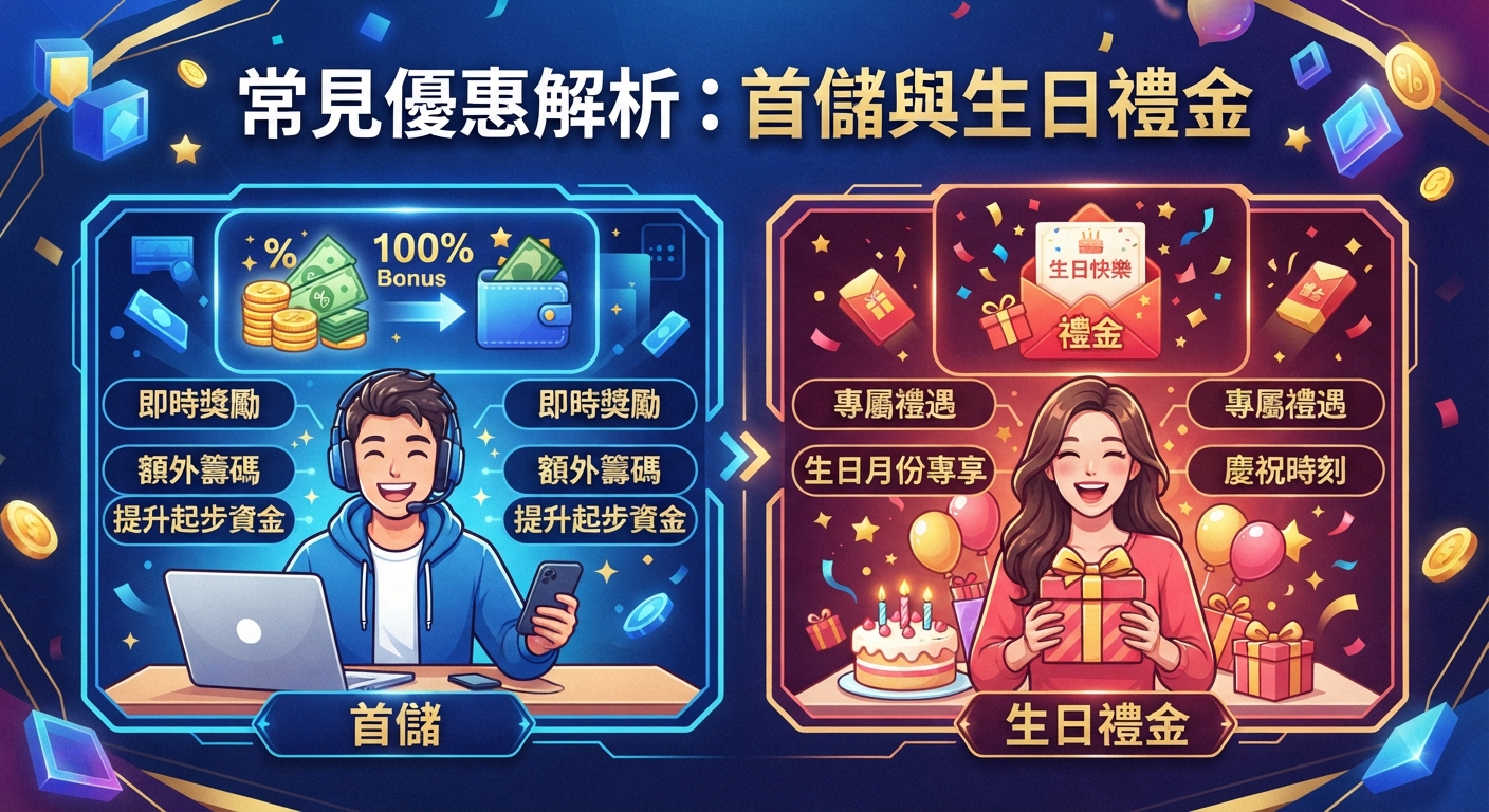 圖片上方醒目地顯示了「常見優惠解析:首儲與生日禮金」的主題標題。 畫面左右兩側分別以藍色與紅色視覺風格,生動呈現了首儲與生日禮金的特色與氛圍。