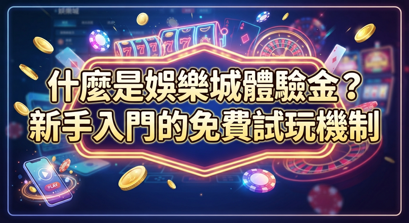 這是一張以「娛樂城體驗金」為主題的宣傳圖片。 畫面中結合了霓虹燈框與老虎機、籌碼等線上娛樂元素,中央清晰呈現其繁體中文標題。
