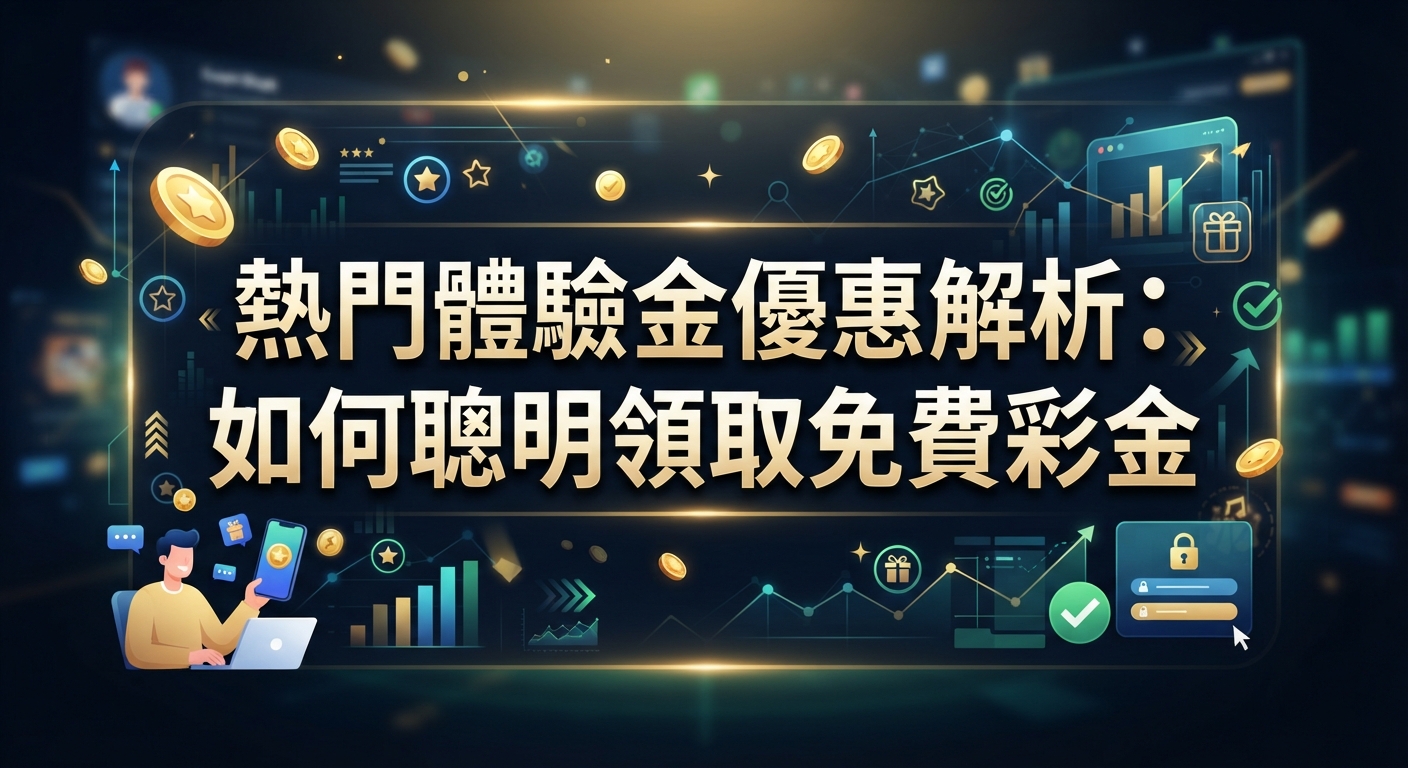 這張圖片的主題是關於熱門體驗金優惠解析與如何領取免費彩金。 畫面以數位科技與金幣元素為背景,突顯出清晰的中文標題。